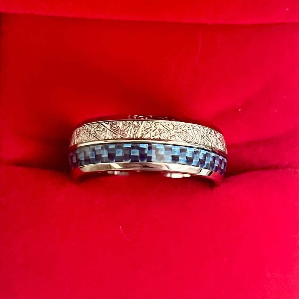Meteorite and Blue Lapis Tungsten 8mm Band Size 9